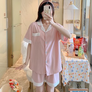 Pijama, Bộ Ngủ Nữ Đồ Mặc Nhà Set Cộc Màu Hồng Cổ Viền Trắng CCCP07