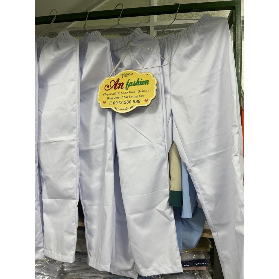 Quần blouse nam nữ trắng cao cấp - Quần lưng thun không túi sang trọng cho bác sĩ, điều dưỡng, y tá vải kaki dầy mịn .