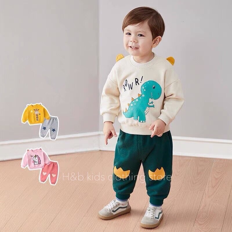 Bộ Đồ Nỉ Da Cá Thu Đông Hoạ Tiết Khủng Long, Hươu, Ngựa Cho Bé Trai, Bé Gái - 3 màu