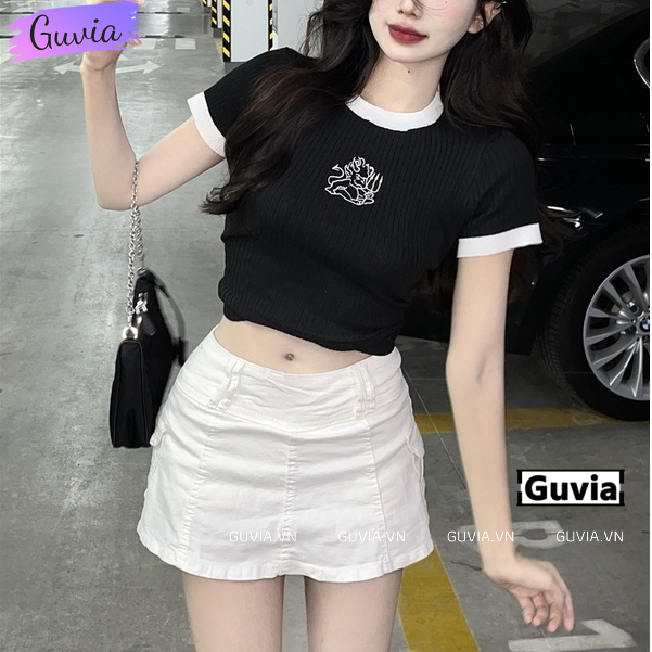 Áo Croptop Ôm Body Nữ DEVIL THÊU Cổ Tròn Tay Ngắn, Áo Thun Croptop Kiểu In Họa Tiết GUVIA CR93