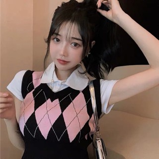 Set áo polo mix gile croptop kẻ caro phong cách highteen