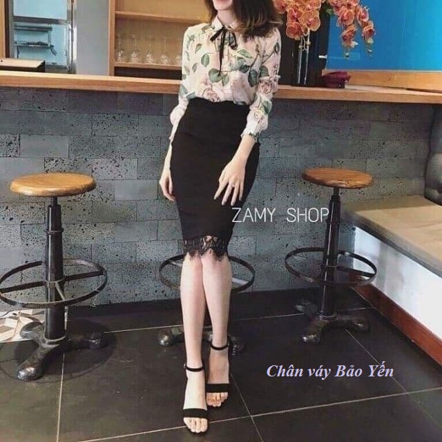 Chân váy bút chì phối ren gấu xẻ sau tới gối ( sẵn size)- M16