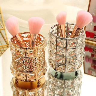 Ống đựng cọ trang điểm, đồ dùng để bàn hình trụ tròn khung kim loại bên ngoài đính đá lấp lánh, siêu sang xịn