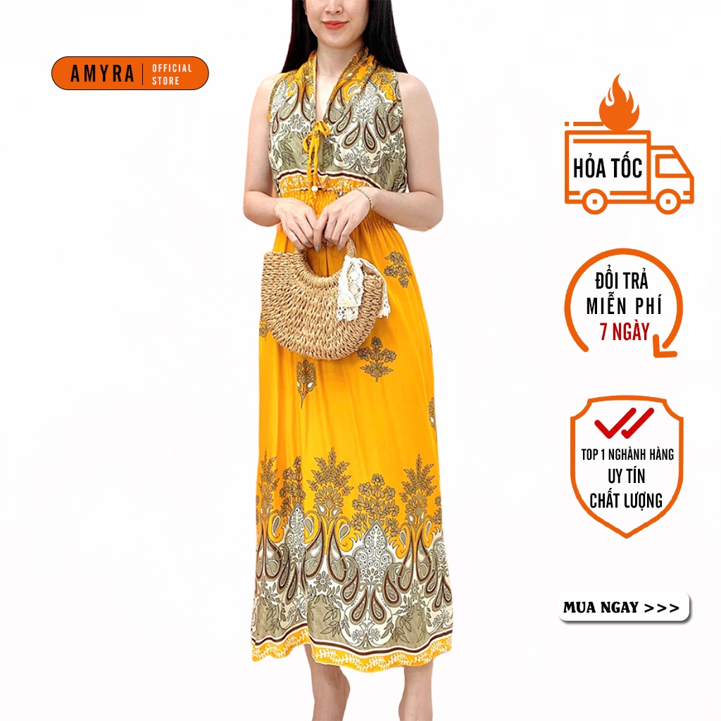 Đầm maxi mùa hè đi biển hot dáng dài vải lanh mát - Váy maxi xẻ tà trung niên họa tiết thổ cẩm MX078