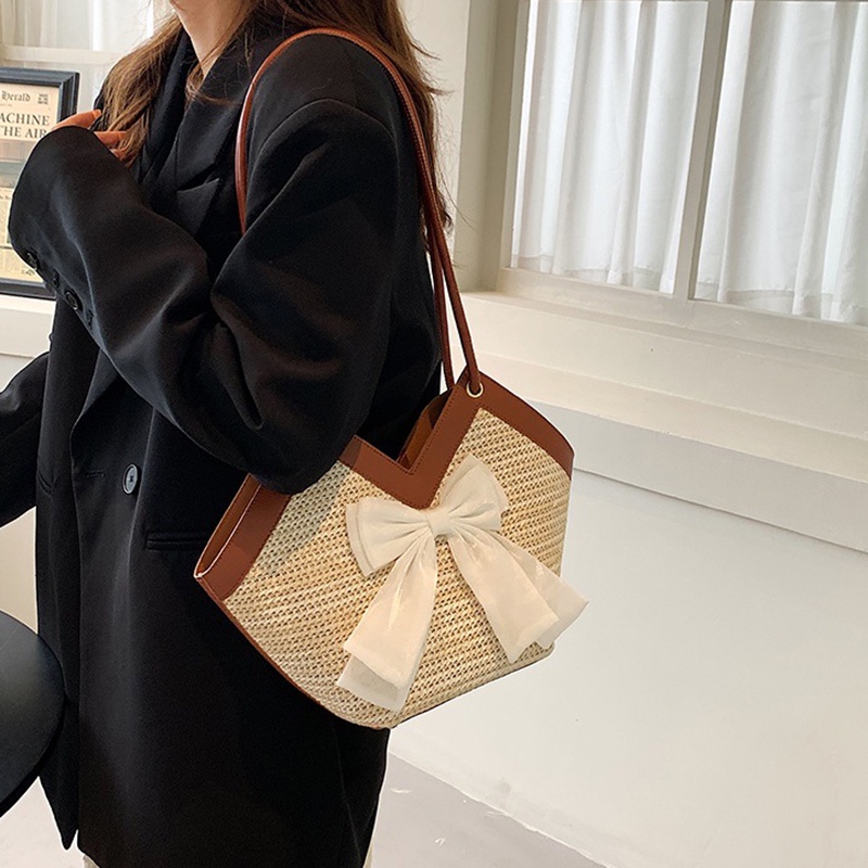 Túi đeo vai Ielgy đan sợi đính nơ sức chứa lớn thời trang cho nữ