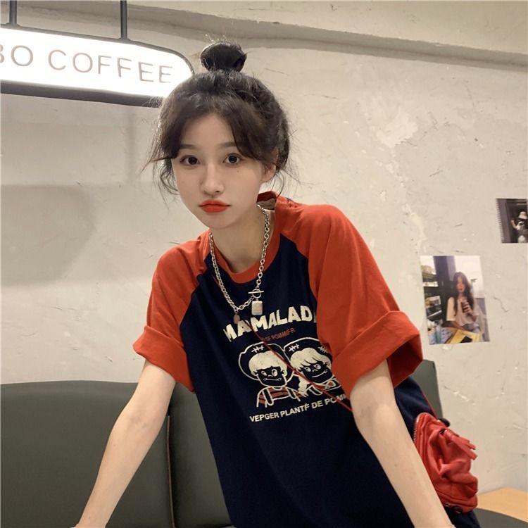 COZOK Áo Thun Ngắn Tay Dáng Rộng In Họa Tiết Tương Phản Cá Tính Kiểu Retro