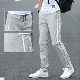 Quần Dài Cotton Lanh Ôm Dáng Co Giãn Phối Dây Rút Họa Tiết Kẻ Sọc Thời Trang Xu Hướng Mới Cho Nam