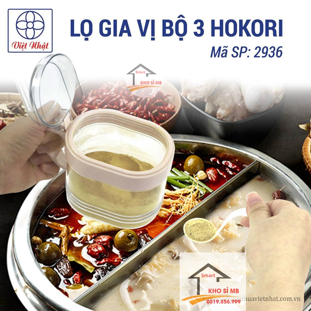 bộ 3 lọ đựng gia vị HOKORI size lớn, hủ đựng gia vị kèm thìa, kệ nhựa trong suốt Việt Nhật kho sỉ mb