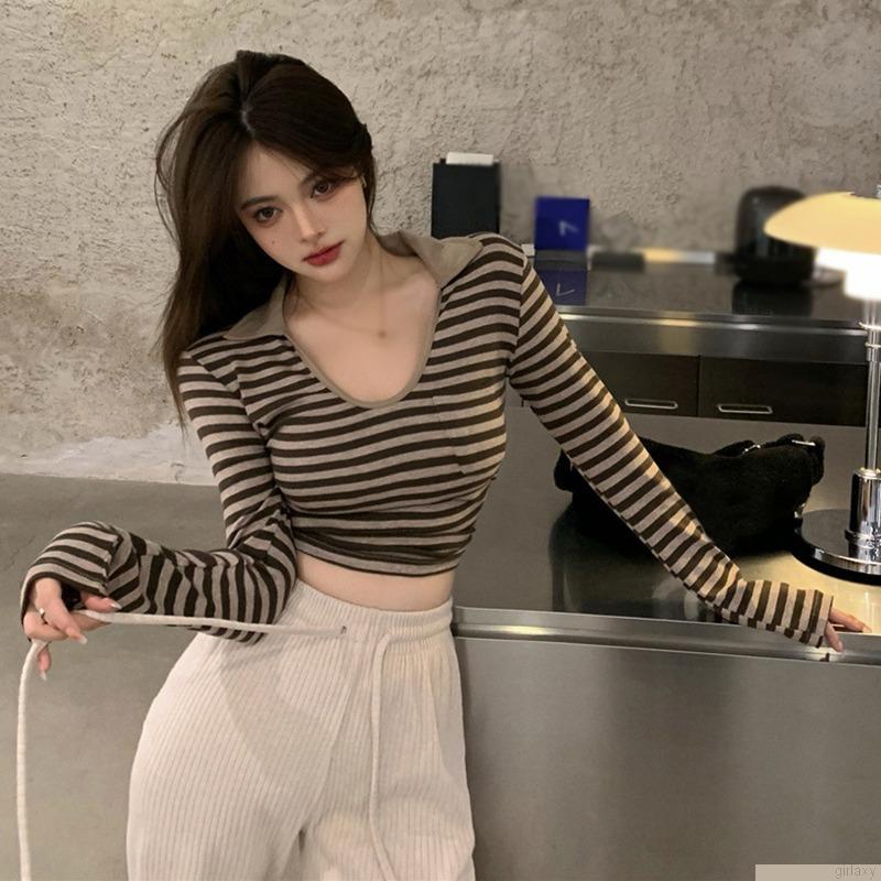 Áo thun lửng tay dài họa tiết sọc ngang thời trang quyến rũ dành cho nữ