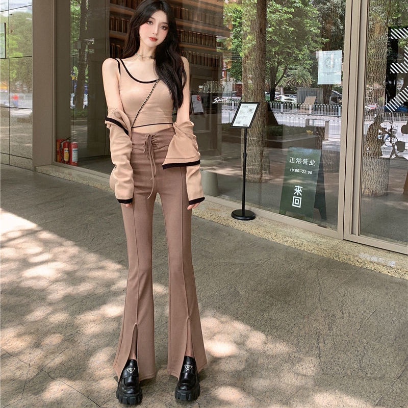 Knitwear Women's Short Long Sleeve Jacket 2021 Autumn New Coffee Temperament Cardigan Two-piece Top [Delivery within 15 Days]