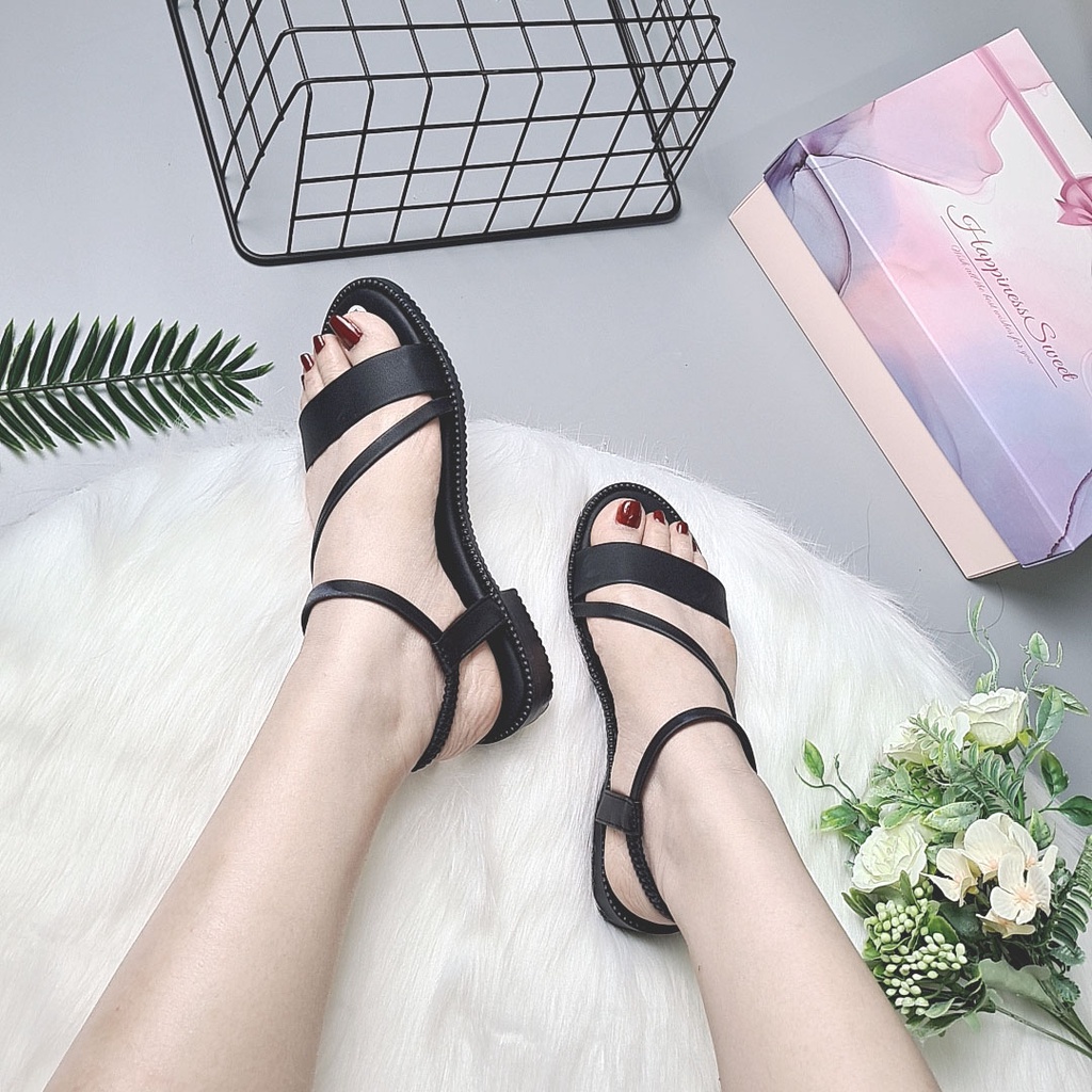 Sandal nữ đi học hàn quốc STYFANI, Giày quai hậu nữ đế bằng dây chéo quải mảnh đi êm chân