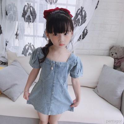 Đầm Denim Tay Phồng Cổ Vuông Thời Trang Mùa Hè Hàn Quốc Cho Bé Gái