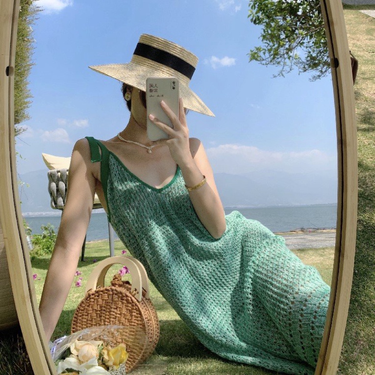 Váy đầm đi biển lưới ren LUHAZO maxi buộc 2 dây dáng dài hở lưng bikini phong cách kiểu hàn quốc suông xuông mẫu 2022 DK