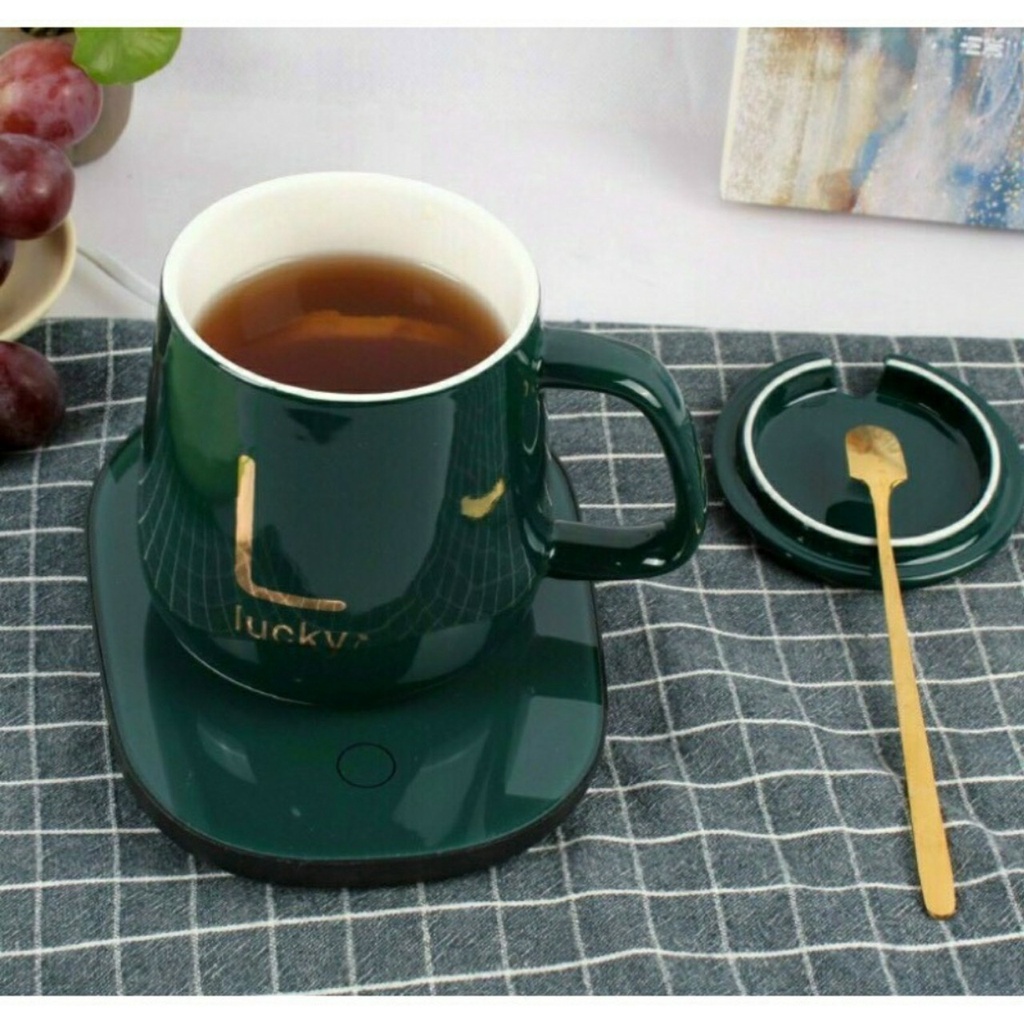 Cốc Hâm Nóng LucKy , Bộ ly sứ kèm đế điện hâm nóng trà, cafe, hâm sữa + Tặng kèm thìa vàng, hộp sang trọng