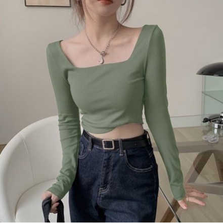 Áo cổ vuông croptop nữ dài tay Madela ôm dáng co giãn tốt-ACTDT01