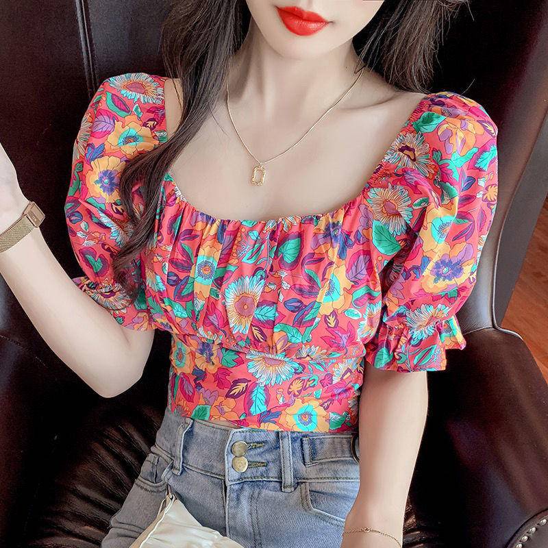 Áo Trễ Vai Họa Tiết Hoa Thắt Nơ Phong Cách Retro Quyến Rũ Cho Nữ