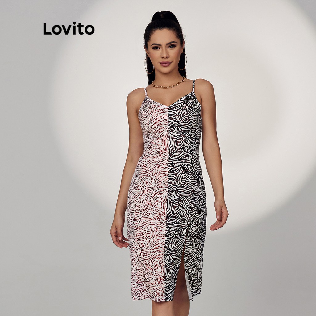 Đầm Lovito cổ V phối hoạ tiết in thiết kế dây mảnh ghép nối màu sắc phong cách nhiệt đới mặc thường ngày L17D036 (màu nâu)