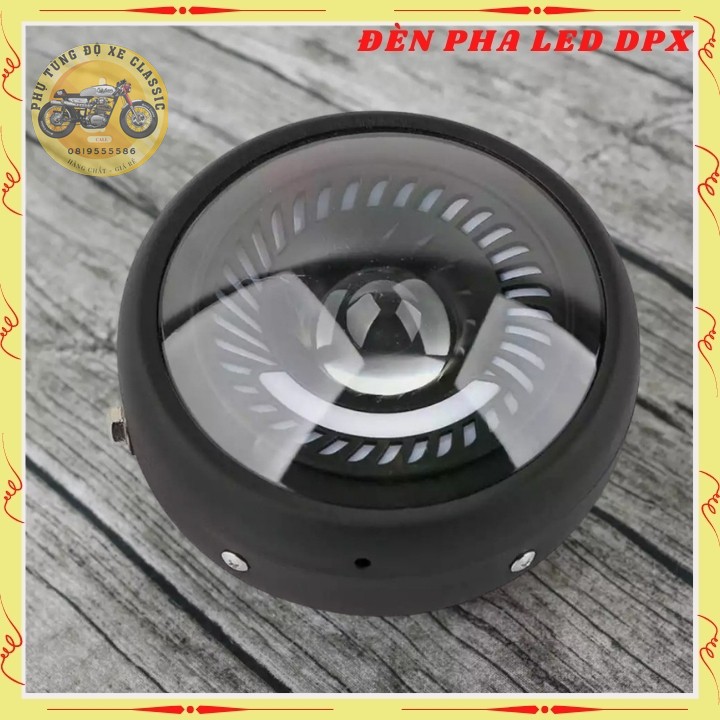 Đen led pha cao cấp, đèn xe máy độ CAFE RACER dạng xoắn gáo sắt sơn đen mặt kính