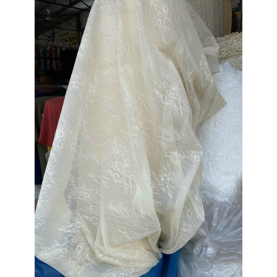 Vải ren ép organza  màu trắng, hồng, đen, kem