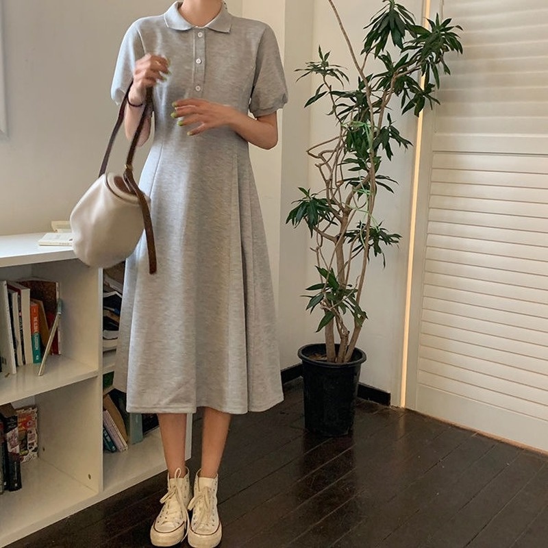 Đầm Tay Ngắn Phồng Cổ POLO Chiết Eo Phong Cách Pháp Thanh Lịch Hàng Mới