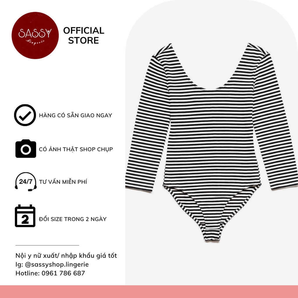 Bộ bodysuit nữ áo liền thân thun cotton sọc ngang trắng đen cơ bản cá tính tay dài co giãn thoải mái cho nữ