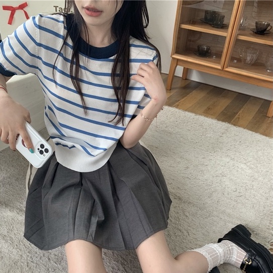 Áo thun dệt kim ZHELIHANGFEI ngắn tay họa tiết kẻ sọc phong cách thời trang dễ phối đồ