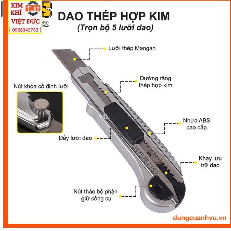 Dao rọc giấy lớn thay lưỡi liên tục Kapusi JAPAN, dao trổ 5 lưỡi 18mm thép SK5 siêu sắc, cắt giấy, rọc băng dính