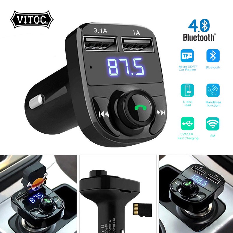 Tẩu Sạc Xe Hơi Bluetooth VITOG Kiêm Máy Phát FM Chuyên Dụng Gồm 2 Cổng USB