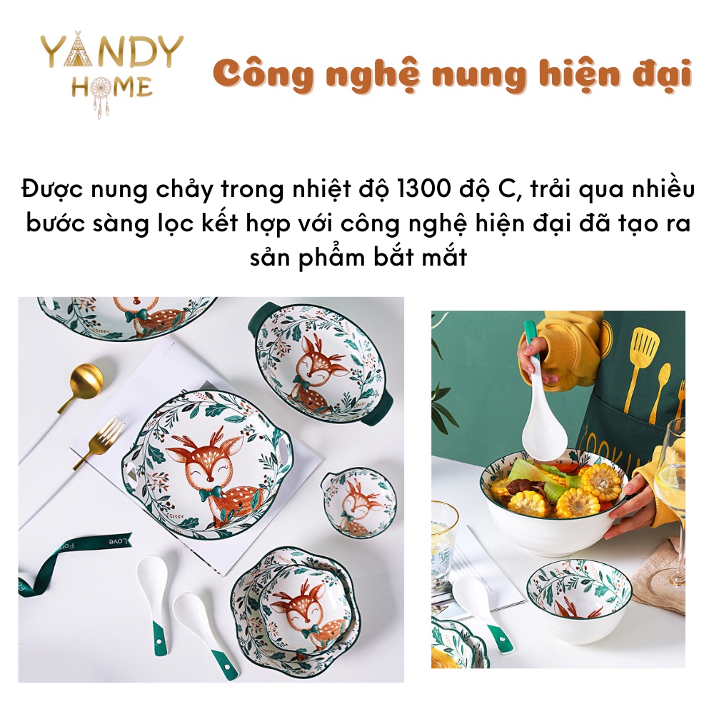 Bát đĩa tô chén gốm sứ YANDY HOME BB03 họa tiết hươu sao 18 món men bóng