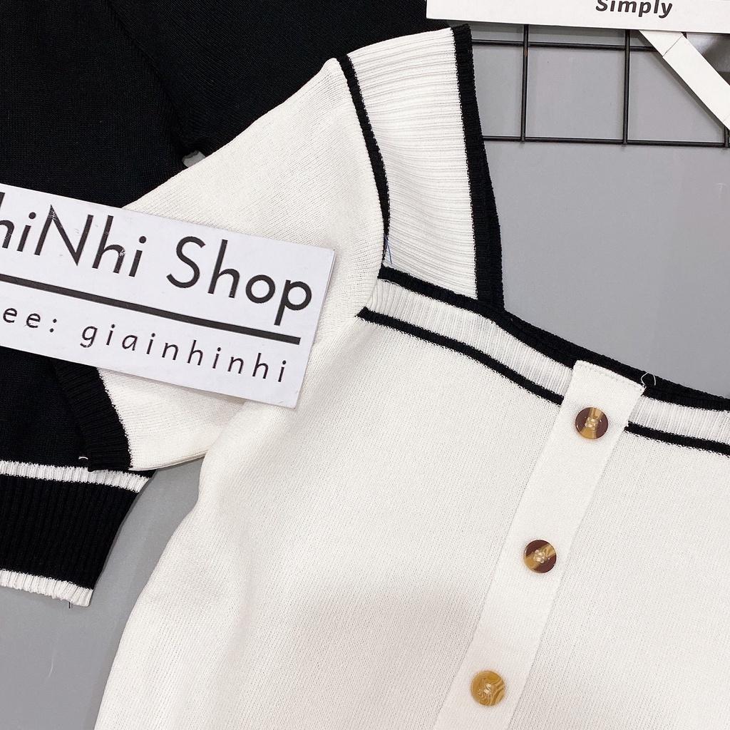 Áo len cộc cổ vuông viền bo gấu cúc giữa len mịn co giãn AL6530 - NhiNhi Shop