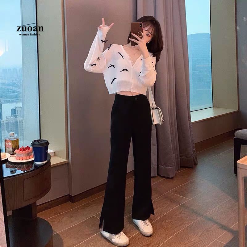 SUXI Áo Dệt Kim Nữ Tay Dài Cổ Chữ V Phối Nơ