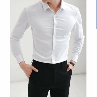 Áo sơ mi nam dài tay dáng ôm trắng trơn cổ bẻ chất không nhăn hàng may kỹ
