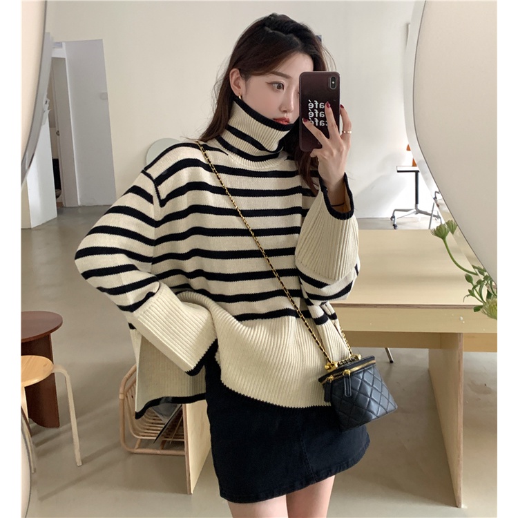 621558#Áo Sweater Dệt Kim Tay Dài Cổ Lọ Dáng Rộng Xẻ Tà Thời Trang Thu Đông 2022 Mới