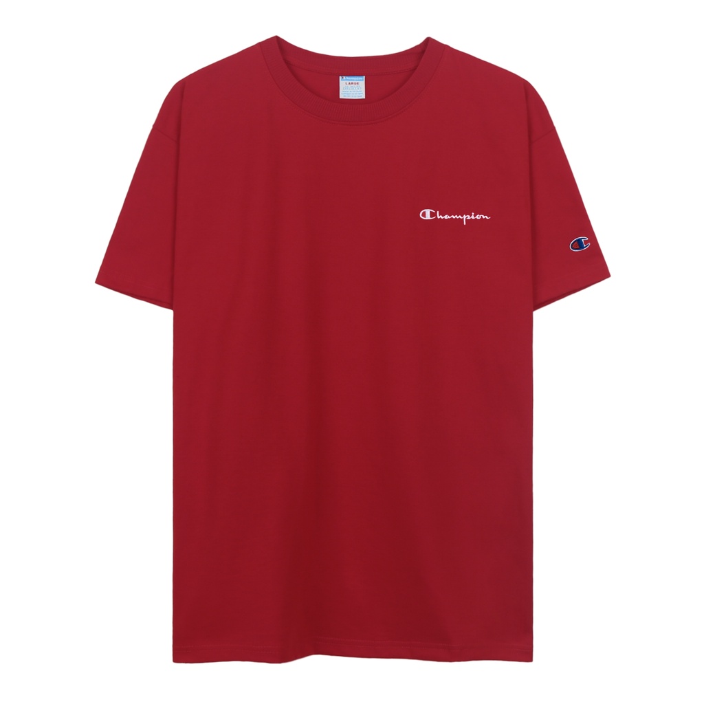 Áo Thun Champion Màu Đỏ Tươi Thêu Chữ Màu Trắng Chất Liệu 100% Cotton Thoáng Mát Form Rộng Thoải Mái