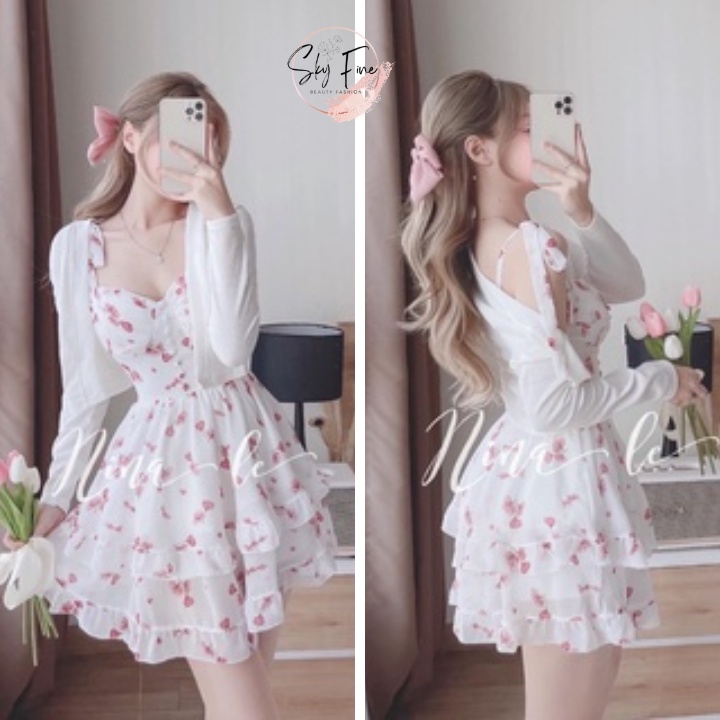Váy hoa nhí - Set váy 2 dây kèm áo cadigan, có mút ngực thích hợp đi dạo phố