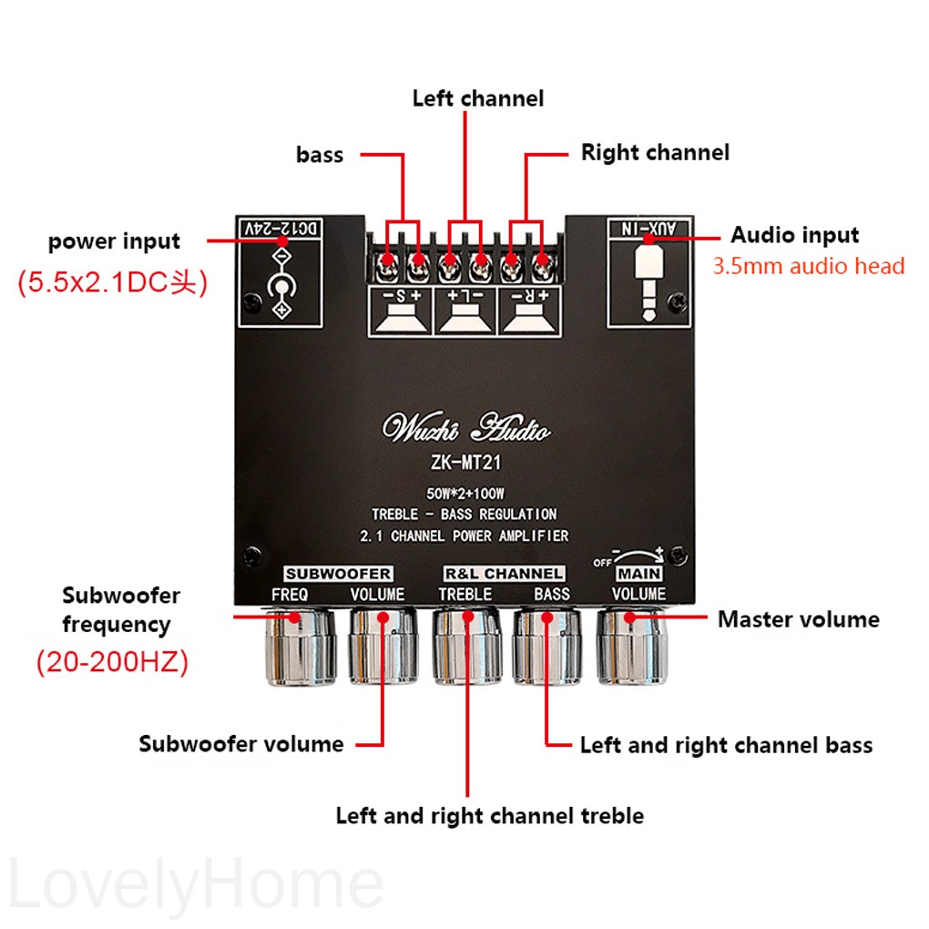 Power Amplifier Board Bluetooth-compatible V5.0 Aux Audio Amplifier Module 2.1 Channel Stereo Equalizer LovelyHome