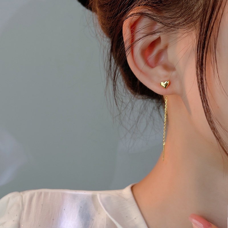 Bông Tai Mạ Bạc 925 Hình Trái Tim Dáng Dài Phối Tua Rua Thời Trang