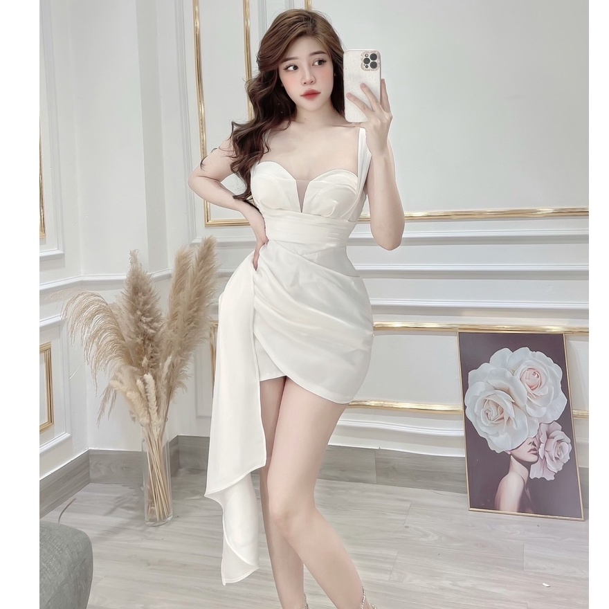 Đầm 2 Dây Lụa Body Bo Eo Xẻ Ngực Tà Nhún Đắp Chéo  - 4 Màu Đen, Xanh, Trắng, Đỏ - Cho Nàng Đi Chơi, Tiệc