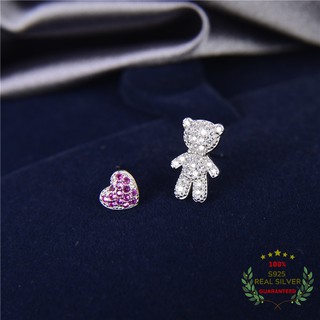 Bông Tai Bạc S925 Gấu Teddy Ôm Tim Đính Đá Zircon Bất Đối Xứng Xinh Xắn | Khuyên Tai Nữ Trang Sức Bạc