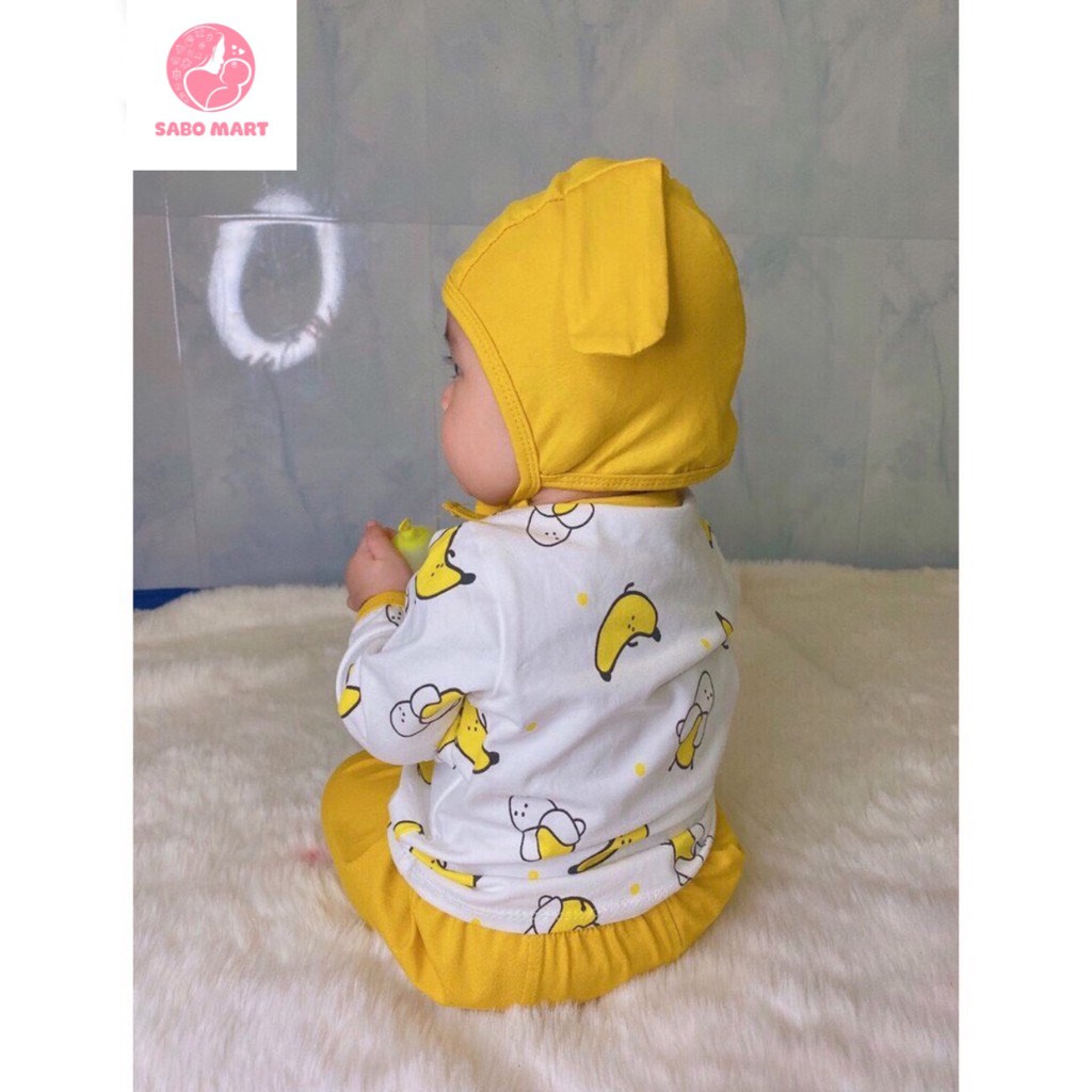 Bộ Thun Lạnh Dài Tay Trái Cây Hoa Quả Kèm Mũ Tai Thỏ Cute Cho Bé Mặc Hè Thu