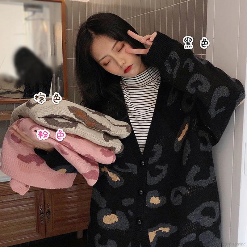 Áo khoác Cardigan dệt kim hoạ tiết da báo thiết kế dáng rộng thoải mái