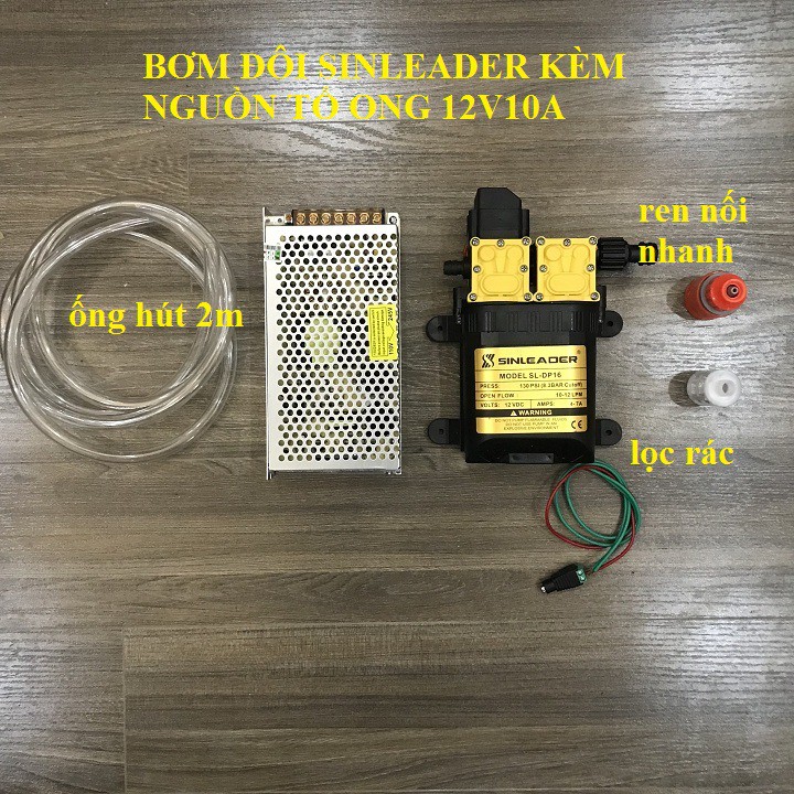 Máy bơm áp lực mini 12v đôi Sinleader cho bộ tưới phun sương,rửa xe kèm phụ kiện  và nguồn 10a