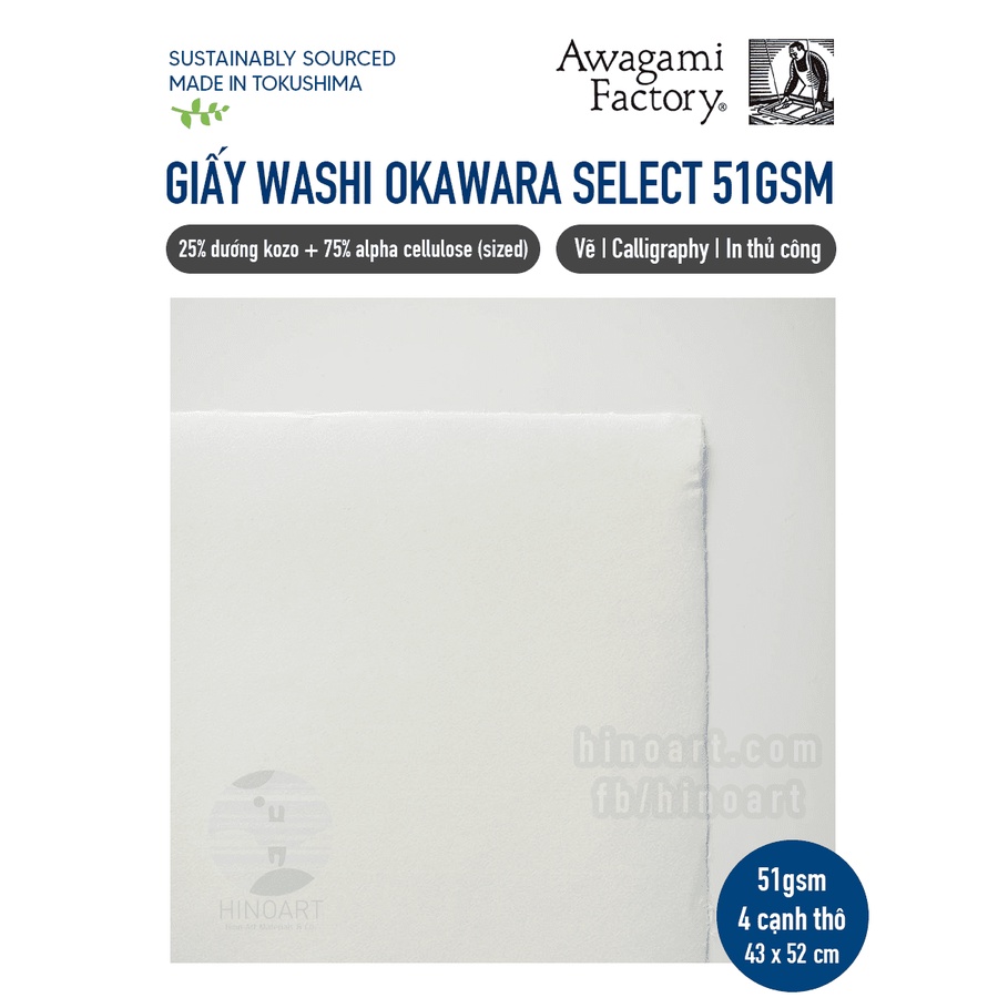 [TỜ LẺ] Giấy washi Awagami Okawara Select 51gsm khổ 43 x 52cm 4 cạnh thô (chuyên dụng cho printmaking)