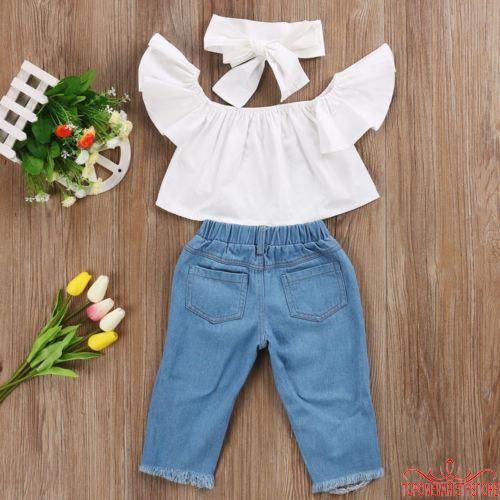 Set Áo Trễ Vai + Quần Jeans Rách Cho Bé Gái