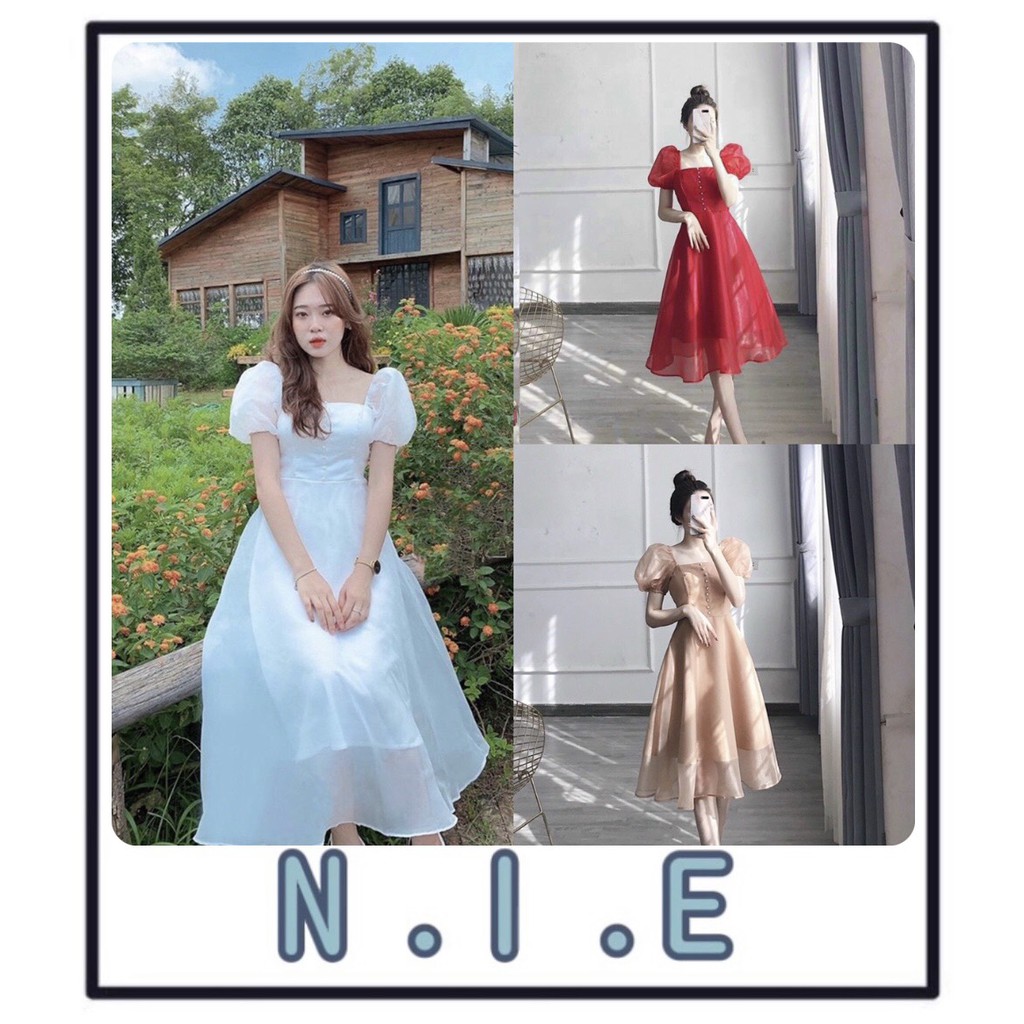 ĐẦM CÔNG CHÚA CỔ VUÔNG TAY PHỒNG - MIDI DÁNG XÒE - THIẾT KẾ DỰ TIỆC DẠO PHỐ
