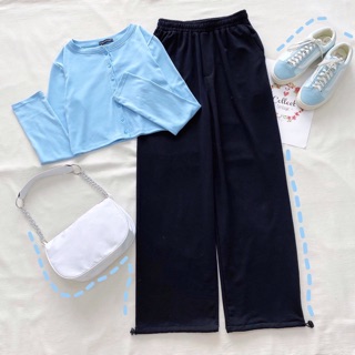 Set LongPants Basic-CropTop Nút Basic Tay Dài Ảnh Thật 100%