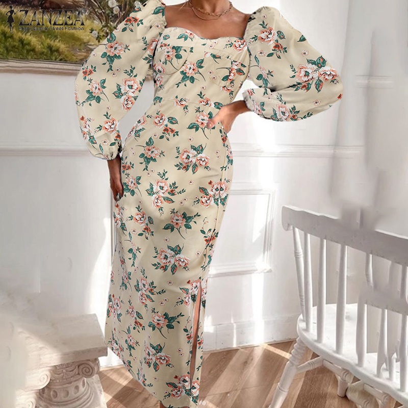 Đầm dài ZANZEA tay phồng dài cổ vuông có dây kéo bên hông thời trang cho nữ