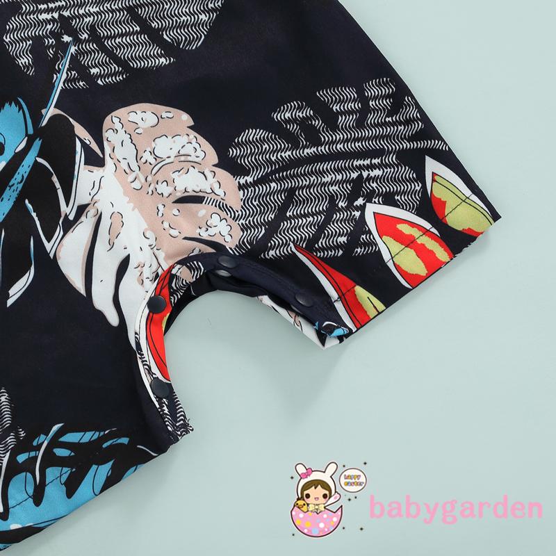 Bộ Áo Liền Quần Tay Ngắn Cổ Bẻ In Họa Tiết Lá Đính Nơ Thời Trang Mùa Hè Cho Bé Trai 0-18 Tháng Tuổi