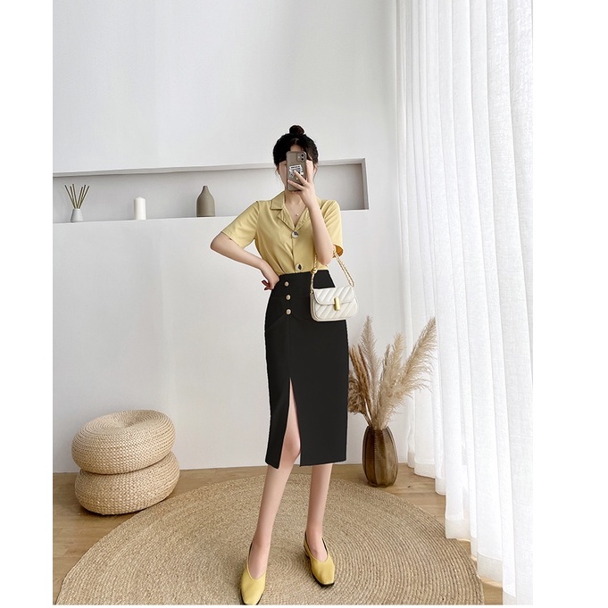 Chân váy bút chì công sở xẻ tà dáng dài cạp cao chất tuyết mưa, bút chì xẻ trước xếp li phối 3 cúc d68cm