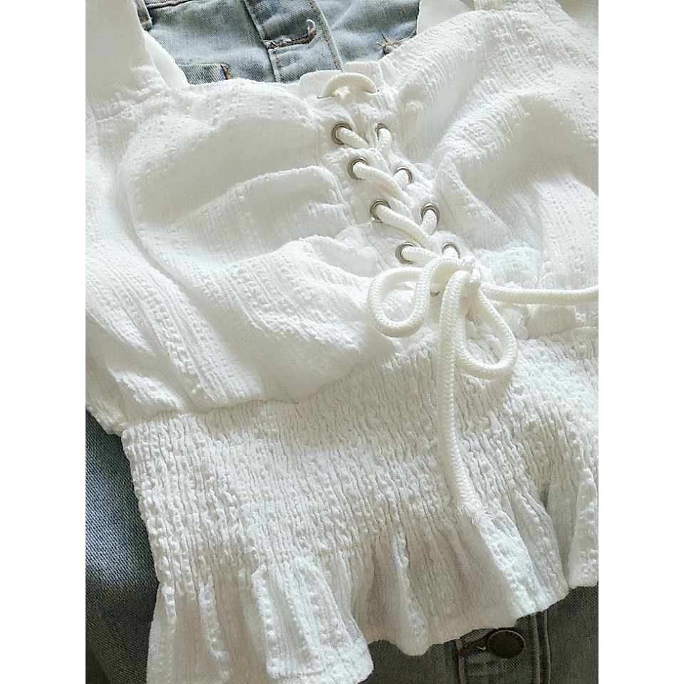 Áo trắng dây rút retro DA238